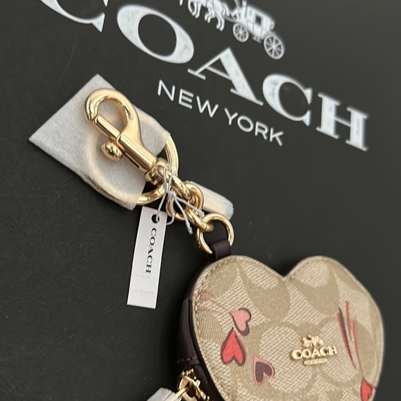Coach Heart Pouch Bag Charm Signature Canvas Coin Heart Star Print Fob Keychain - Picture 4 of 5